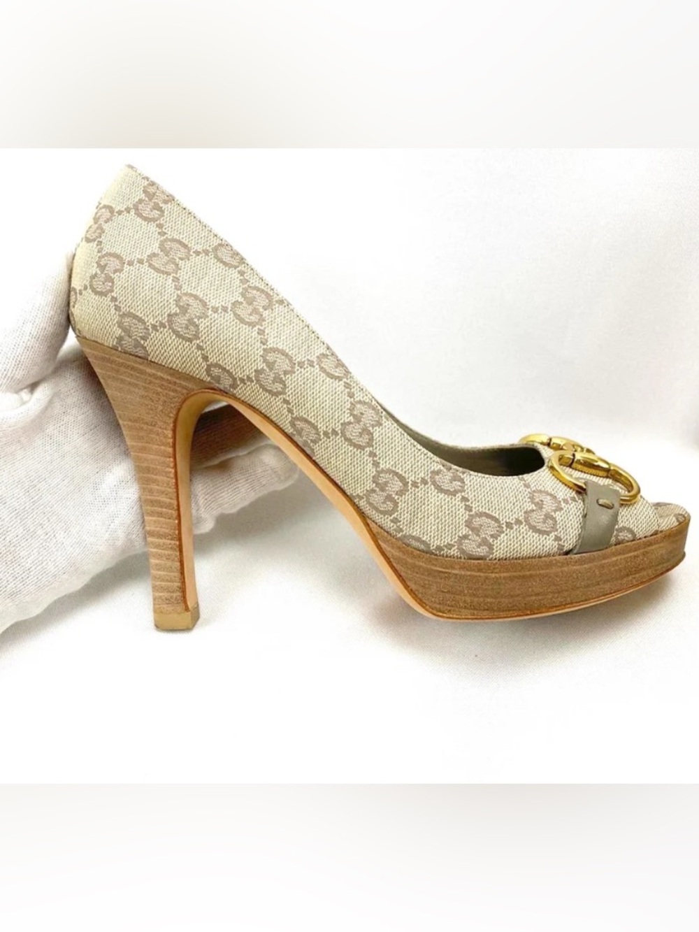 🛍️Gucci Authentic Horsebit Canvas Peep-Toe Pumps & All Original Packaging - Picture 7 of 17